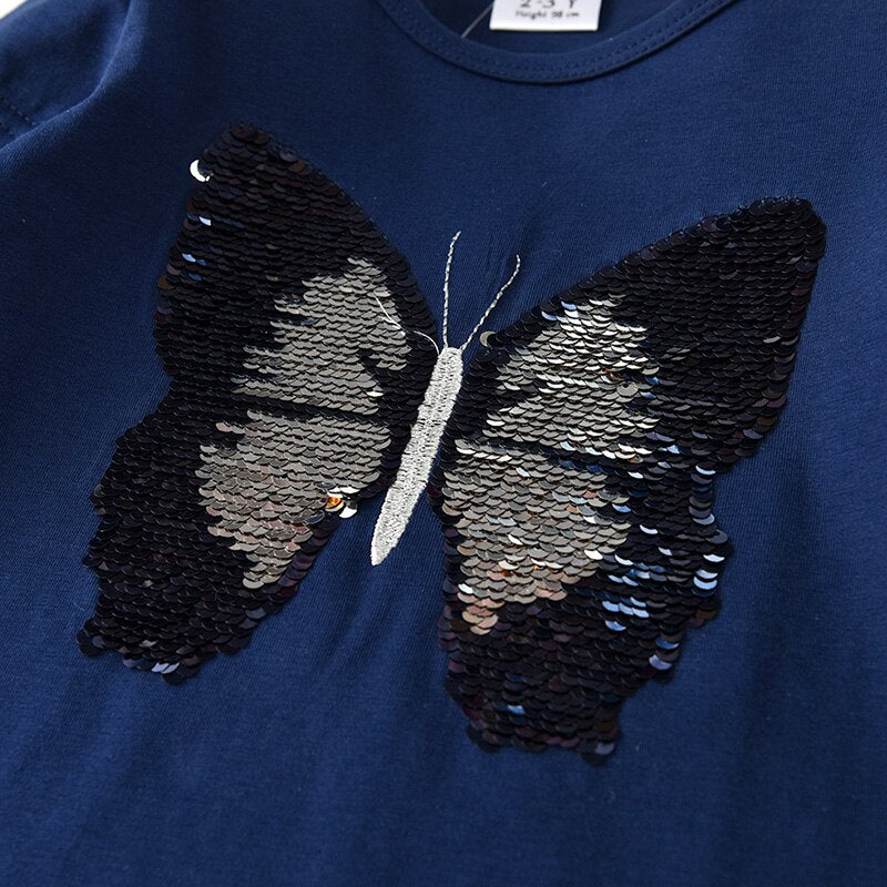 Butterfly Sequined Girl Toddler Cotton Color Block Long Sleeve T-Shirt Top