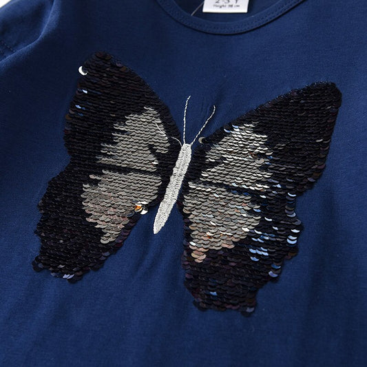 Butterfly Sequined Girl Toddler Cotton Color Block Long Sleeve T-Shirt Top