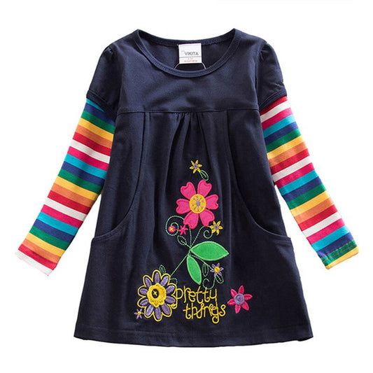 Flower Embroidery Rainbow Stripe Long Sleeve A Line Toddler Dress