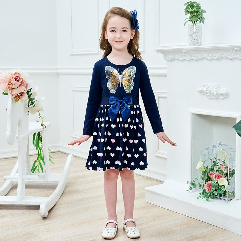 Butterfly Sequined Bowknot Girl Toddler Long Sleeve Cotton Dress