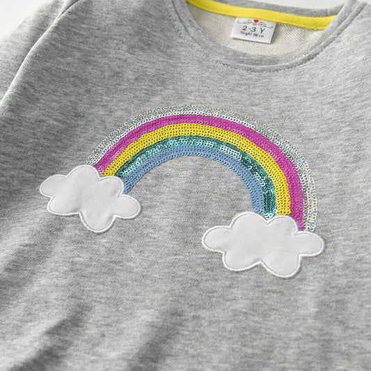 Cartoon Rainbow Pleated Hem Girl Toddler Long Sleeve Cotton T-Shirt