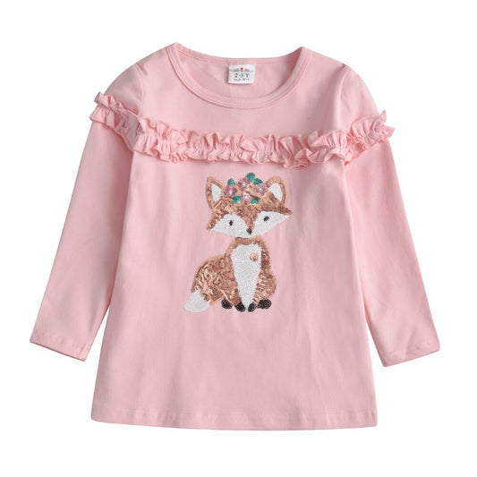 VIKITA Girls Long Sleeve Tees Children T-shirt Bottoming Shirt Kids Spring Autumn Cartoon Tops Sequins T-shirt Children Clothing