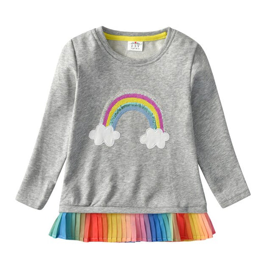 Cartoon Rainbow Pleated Hem Girl Toddler Long Sleeve Cotton T-Shirt
