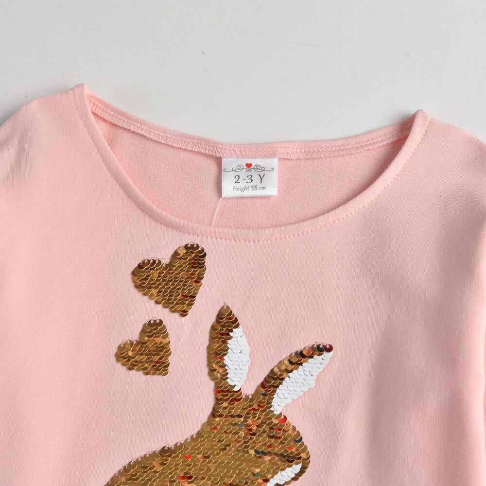 Rabbit Sequins Girl Toddler Cotton T shirt Casual Long Sleeve Autumn Outfit Tops