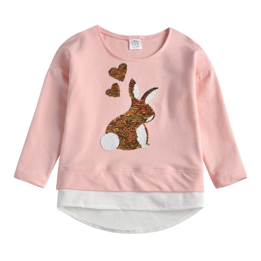 Rabbit Sequins Girl Toddler Cotton T shirt Casual Long Sleeve Autumn Outfit Tops