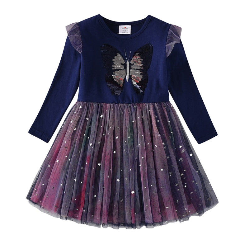 3-8T Princess Butterfly Sequined Toddler Tutu Girl Dress for Birthday Party
