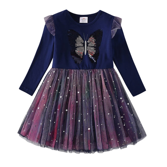 3-8T Princess Butterfly Sequined Toddler Tutu Girl Dress for Birthday Party