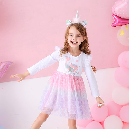 3-8T Princess Mermaid Pattern Toddler Tutu Dress for Birthday Party Gift