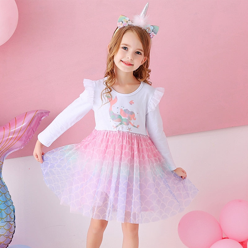 3-8T Princess Mermaid Pattern Toddler Tutu Dress for Birthday Party Gift