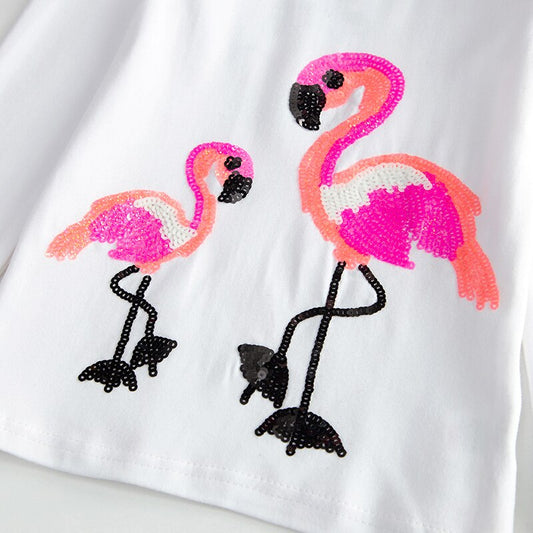 Flamingo Pattern Girls Long Sleeve Cotton T-Shirts Tops for Winter Fall