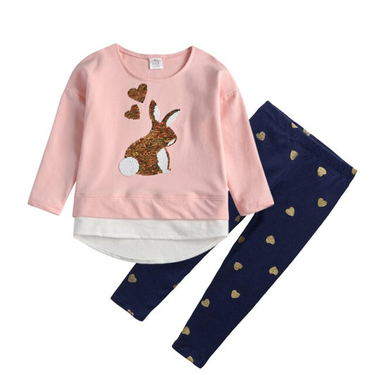 Sequins Rabbit Sweatshirt Top and Love Heart Leggings Pant Clothing Sets for Girl Toddler