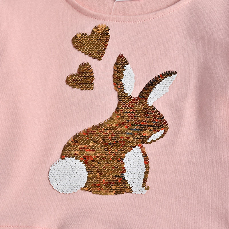 Sequins Rabbit Sweatshirt Top and Love Heart Leggings Pant Clothing Sets for Girl Toddler