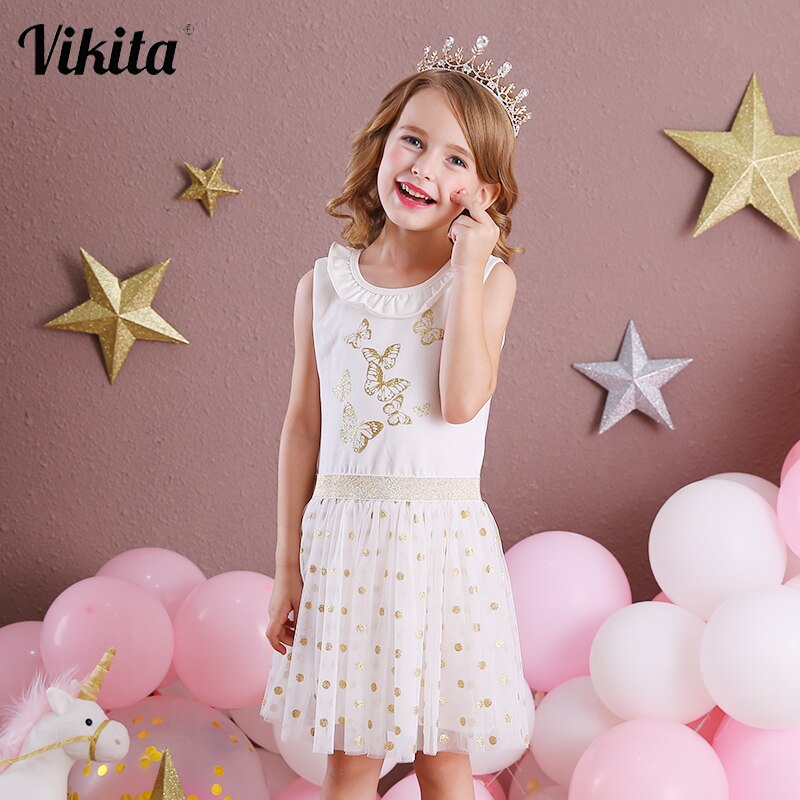 Girls Summer Dress Butterfly Pattern Sparkle Tulle Tutu Dress Sleeveless Cotton Dress
