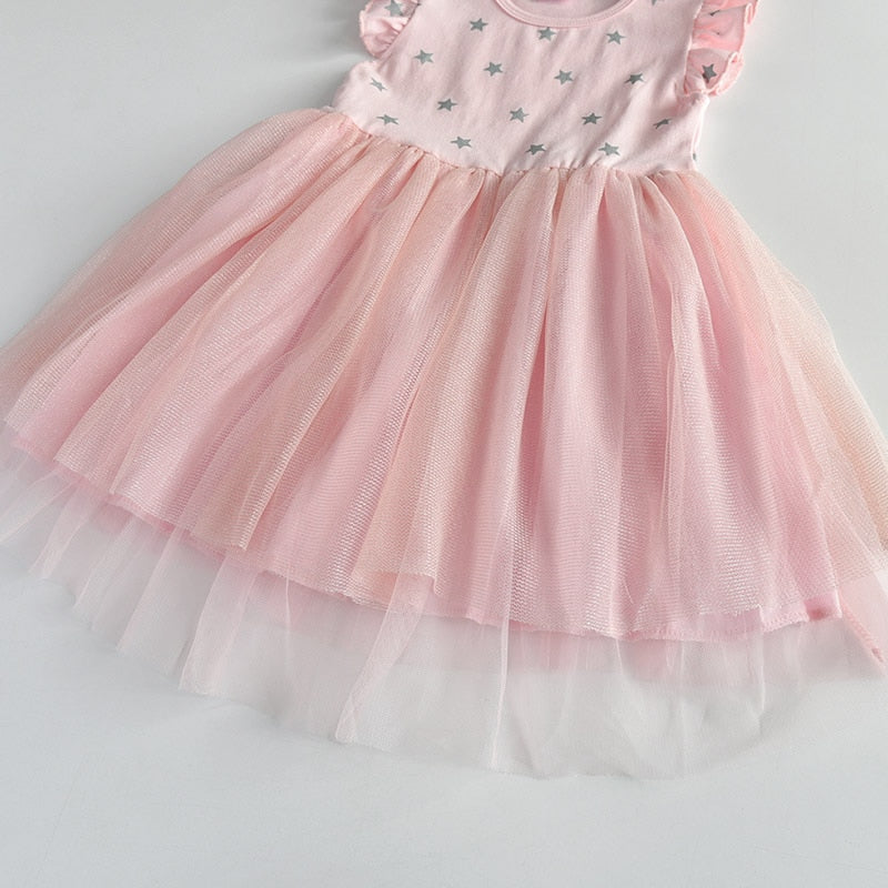 2Y-8Y Girls Summer Dress Star Pattern Pink Tulle Tutu Dress Sleeveless Kids Dress