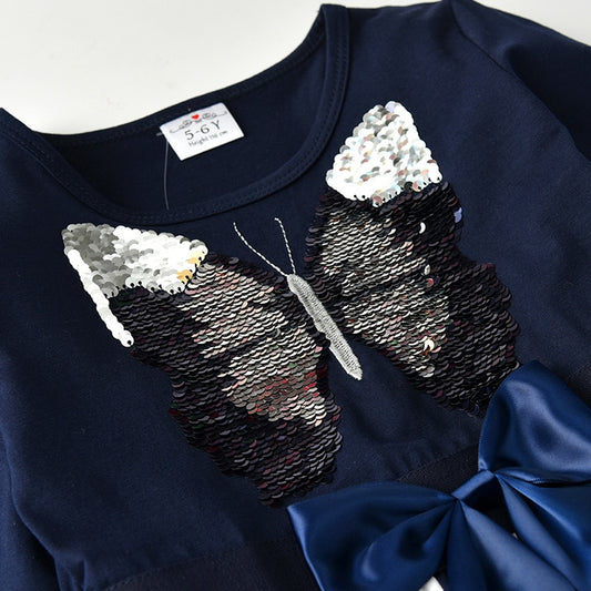 Butterfly Sequined Bowknot Girl Toddler Long Sleeve Cotton Dress