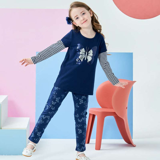 Sequins Butterfly Tops and Blue Legging Pants Set for Girl Toddler 3-8T