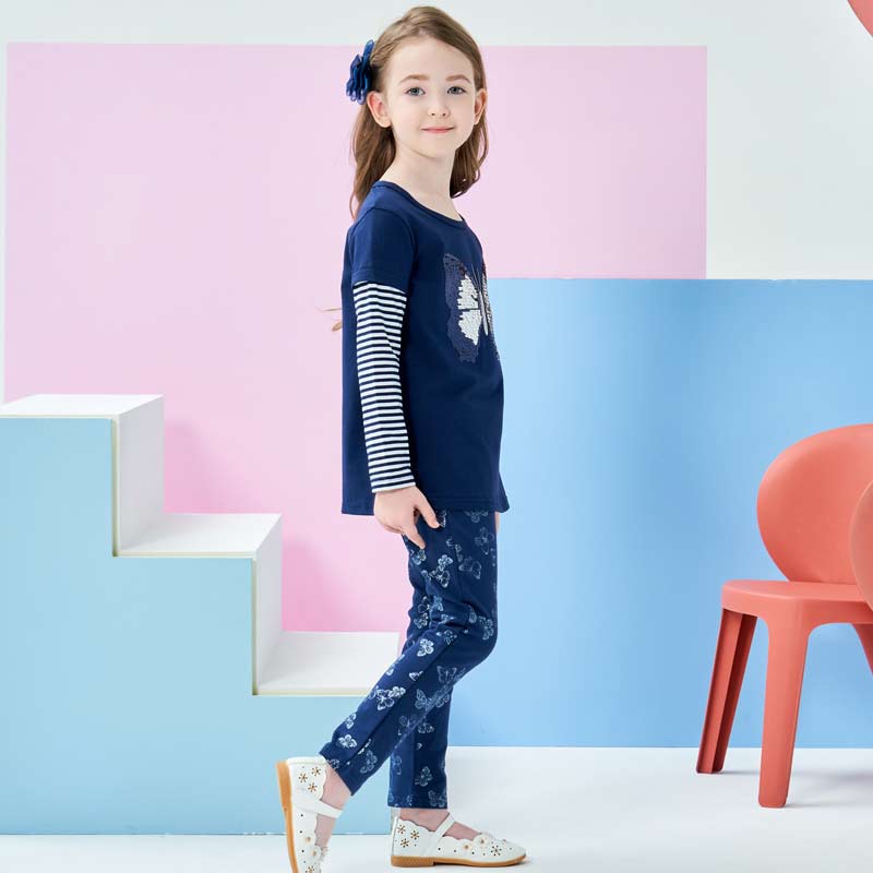Sequins Butterfly Tops and Blue Legging Pants Set for Girl Toddler 3-8T