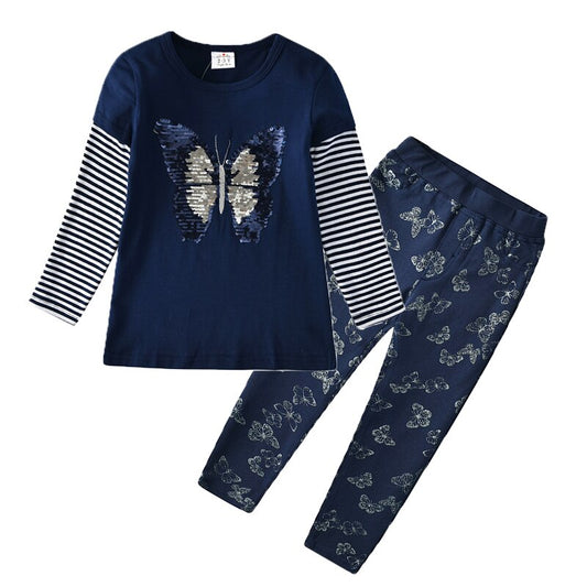 Sequins Butterfly Tops and Blue Legging Pants Set for Girl Toddler 3-8T