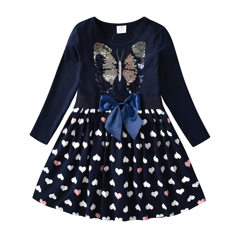 Butterfly Sequined Bowknot Girl Toddler Long Sleeve Cotton Dress