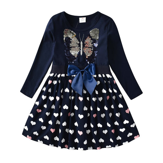 Butterfly Sequined Bowknot Girl Toddler Long Sleeve Cotton Dress