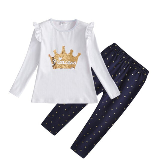 Sequins Princess Crow T-Shirt and Little Star Leggings Pant Girl Toddler Clothing Set