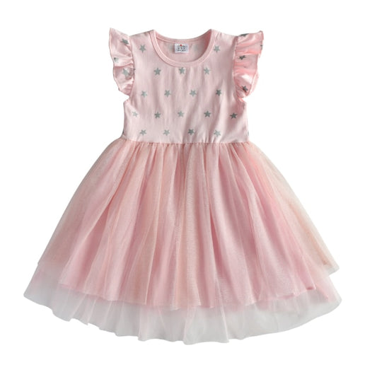 2Y-8Y Girls Summer Dress Star Pattern Pink Tulle Tutu Dress Sleeveless Kids Dress