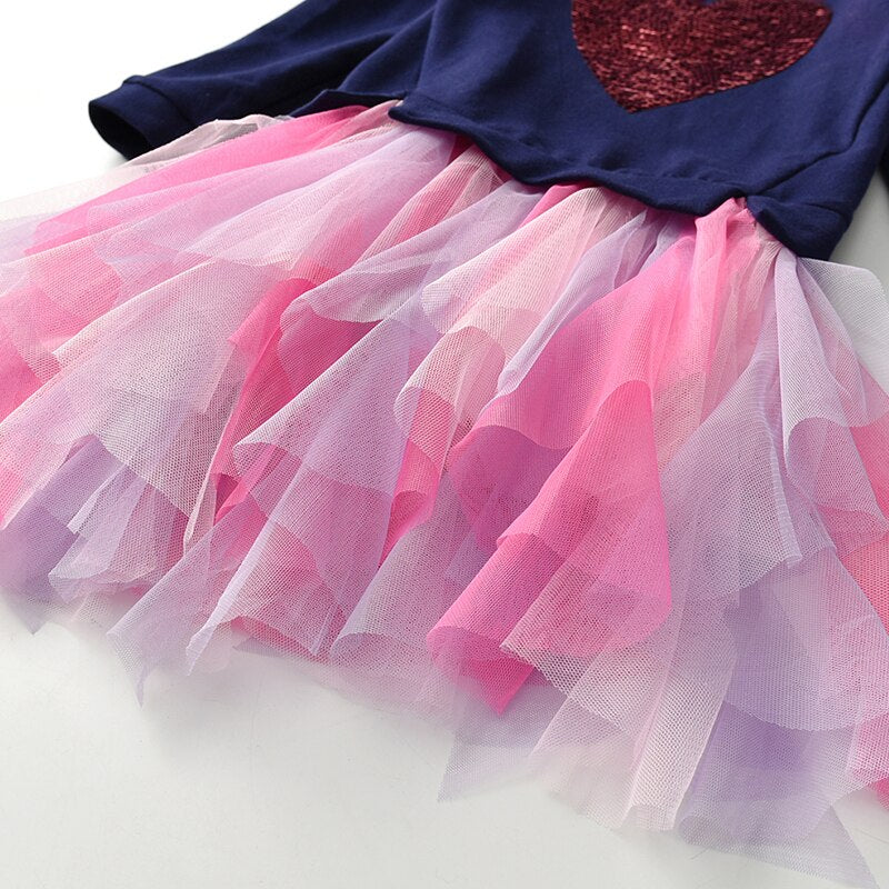Sequins Love Heart Pattern Gathered Tiered Tulle Girl Toddler Long Sleeve Tutu Dress