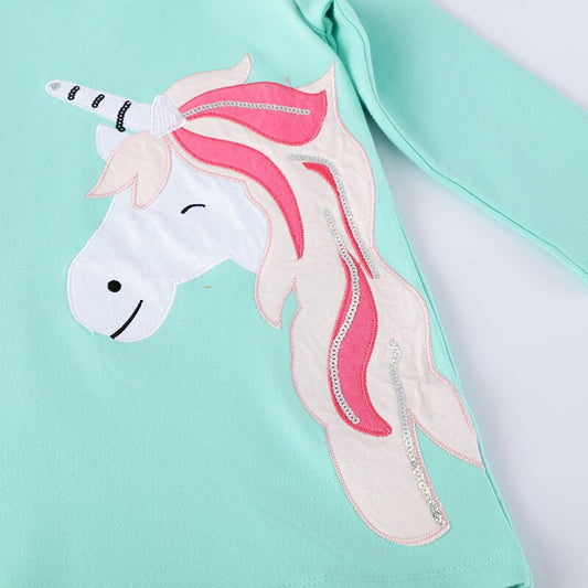 Cartoon Unicorn Long Sleeve Girl Toddler Hooded Dress