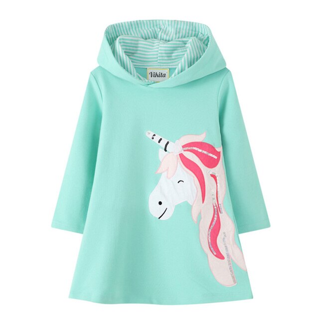 Cartoon Unicorn Long Sleeve Girl Toddler Hooded Dress