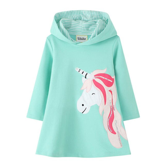 Cartoon Unicorn Long Sleeve Girl Toddler Hooded Dress