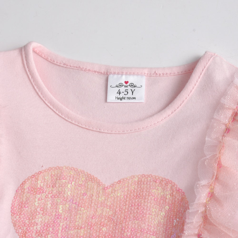 Love Heart Sequins Girl Toddler Tutu Dress Pink Soft Long Sleeve Dress