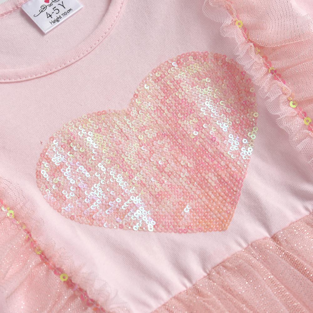 Love Heart Sequins Girl Toddler Tutu Dress Pink Soft Long Sleeve Dress