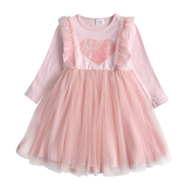 Love Heart Sequins Girl Toddler Tutu Dress Pink Soft Long Sleeve Dress