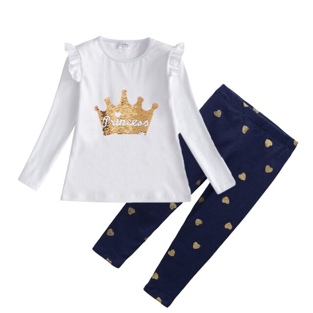 Sequins Princess Crown T-Shirt and Heart Print Leggings Clothing Set For Girl Toddler