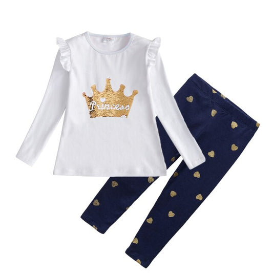 Sequins Princess Crown T-Shirt and Heart Print Leggings Clothing Set For Girl Toddler
