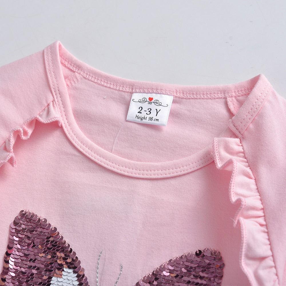 Butterfly Sequined Pink Cotton Toddler Girl Long Sleeve T-Shirt Tops