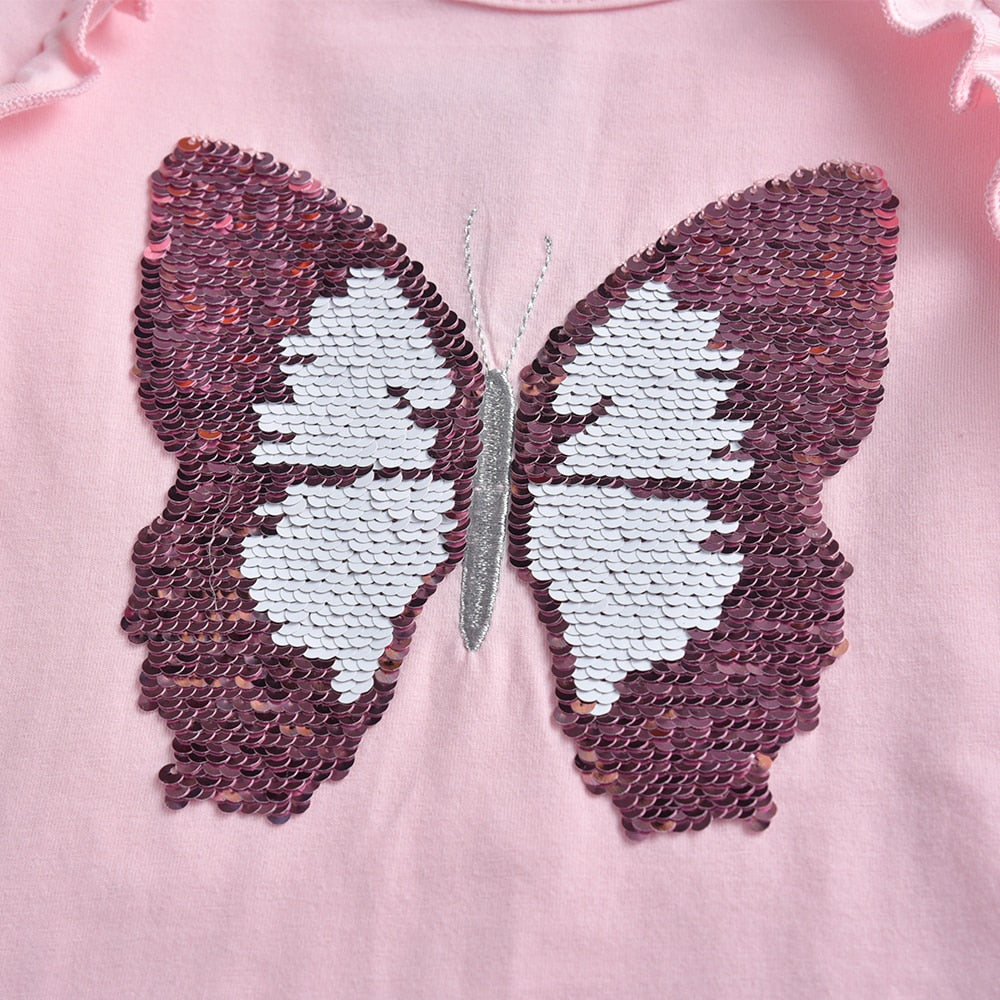 Butterfly Sequined Pink Cotton Toddler Girl Long Sleeve T-Shirt Tops