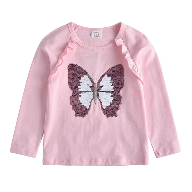 Butterfly Sequined Pink Cotton Toddler Girl Long Sleeve T-Shirt Tops