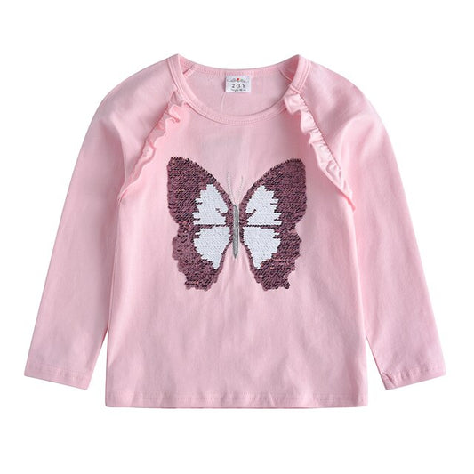 Butterfly Sequined Pink Cotton Toddler Girl Long Sleeve T-Shirt Tops
