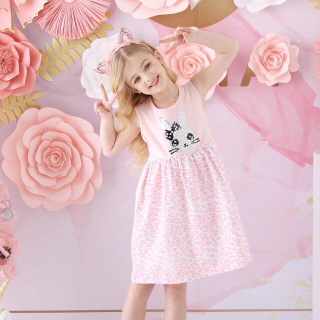 2Y-8Y Girls Summer Dresses Sequnins Rabbit Sleeveless Dress Leopard Print Kids Dresses