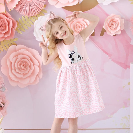2Y-8Y Girls Summer Dresses Sequnins Rabbit Sleeveless Dress Leopard Print Kids Dresses