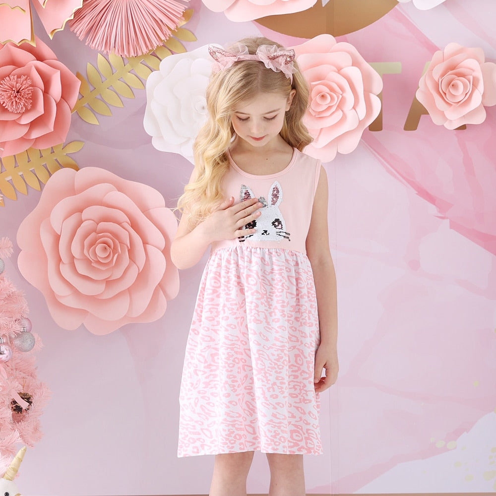 2Y-8Y Girls Summer Dresses Sequnins Rabbit Sleeveless Dress Leopard Print Kids Dresses
