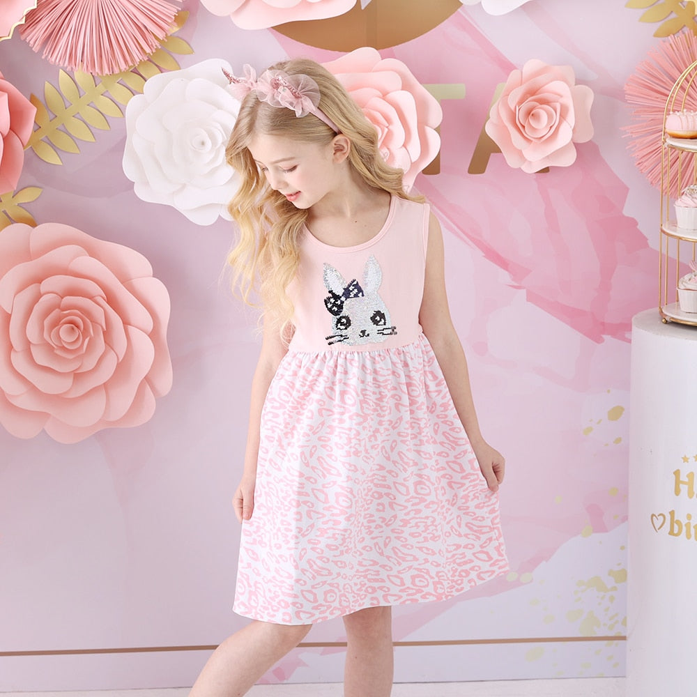 2Y-8Y Girls Summer Dresses Sequnins Rabbit Sleeveless Dress Leopard Print Kids Dresses