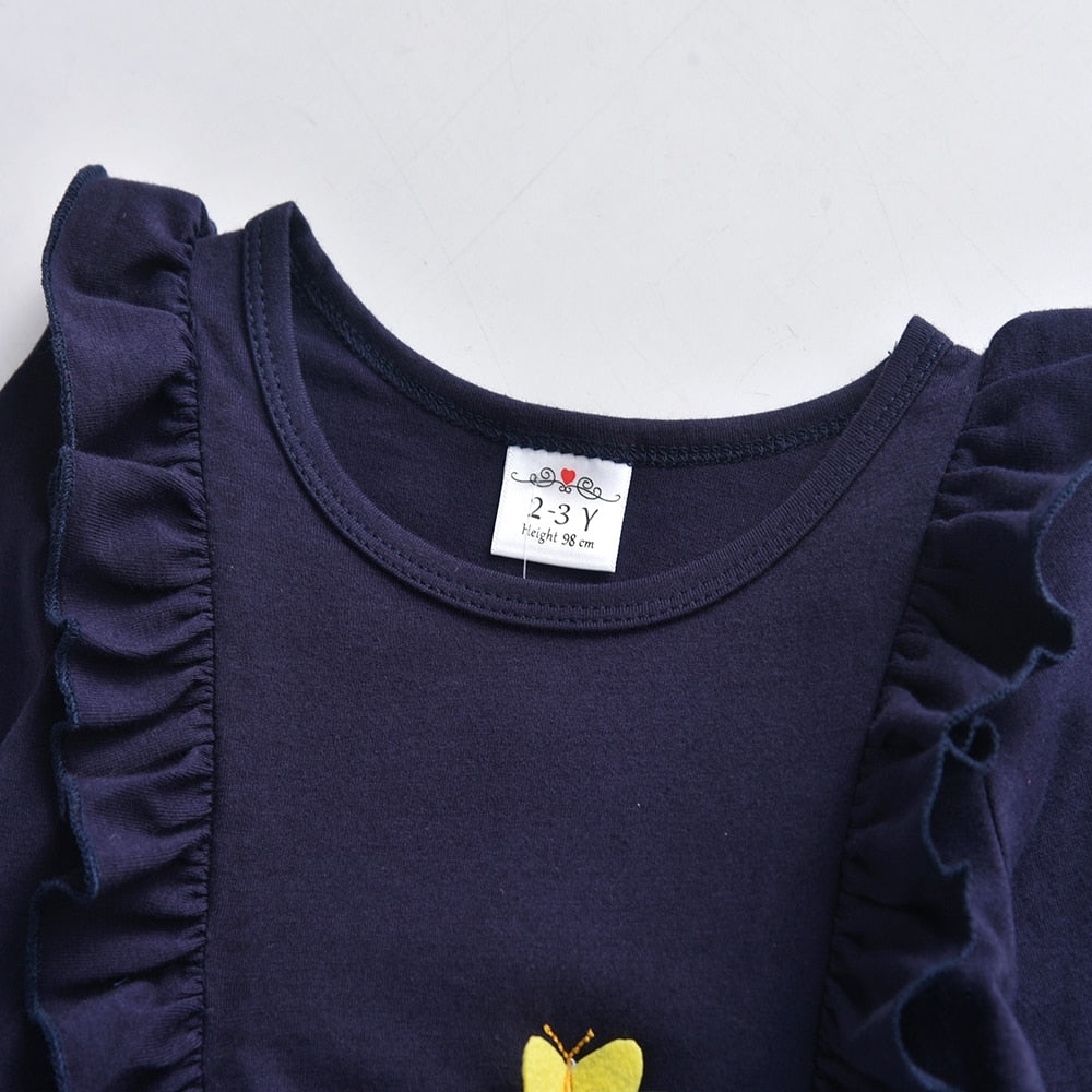 3D Butterfly Embroidery Girls T-shirt Casual Long Sleeve Toddler Cotton Tops