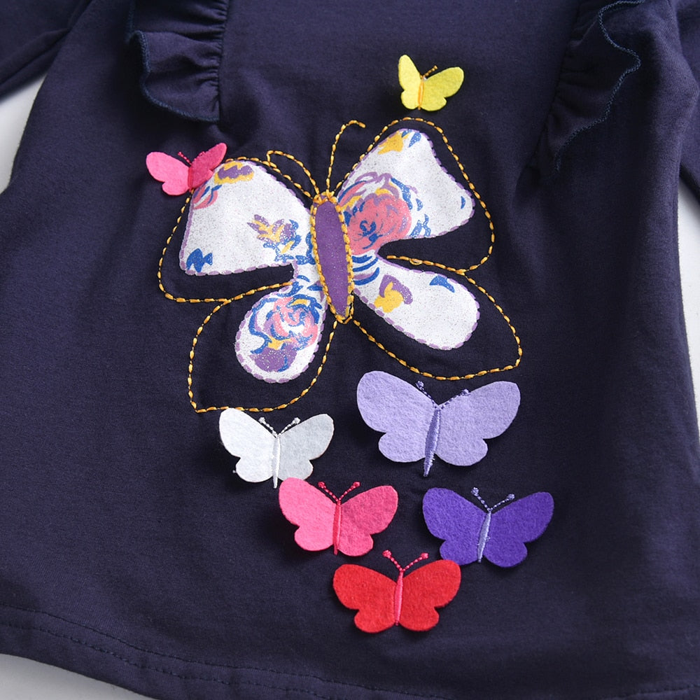 3D Butterfly Embroidery Girls T-shirt Casual Long Sleeve Toddler Cotton Tops