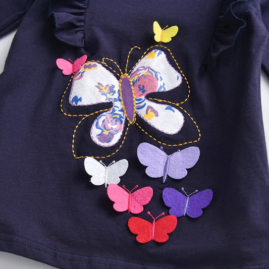 3D Butterfly Embroidery Girls T-shirt Casual Long Sleeve Toddler Cotton Tops