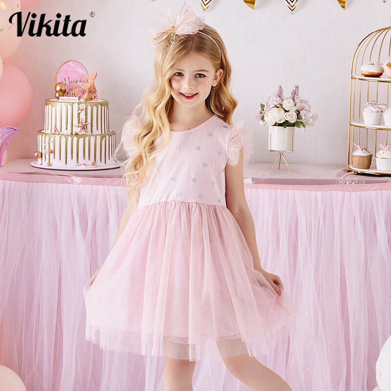 2Y-8Y Girls Summer Dress Star Pattern Pink Tulle Tutu Dress Sleeveless Kids Dress