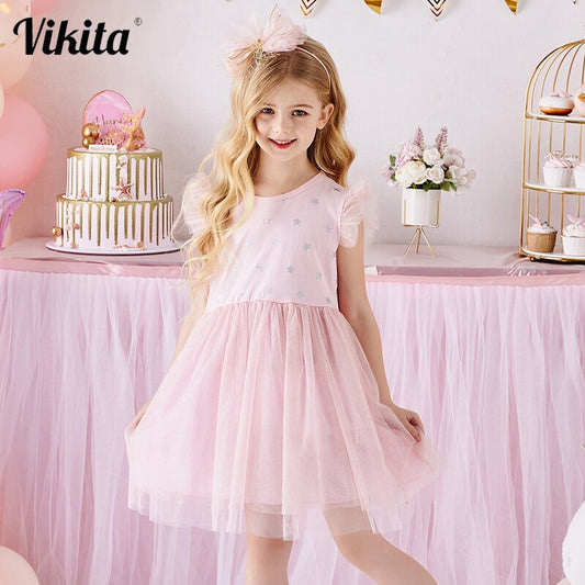 2Y-8Y Girls Summer Dress Star Pattern Pink Tulle Tutu Dress Sleeveless Kids Dress