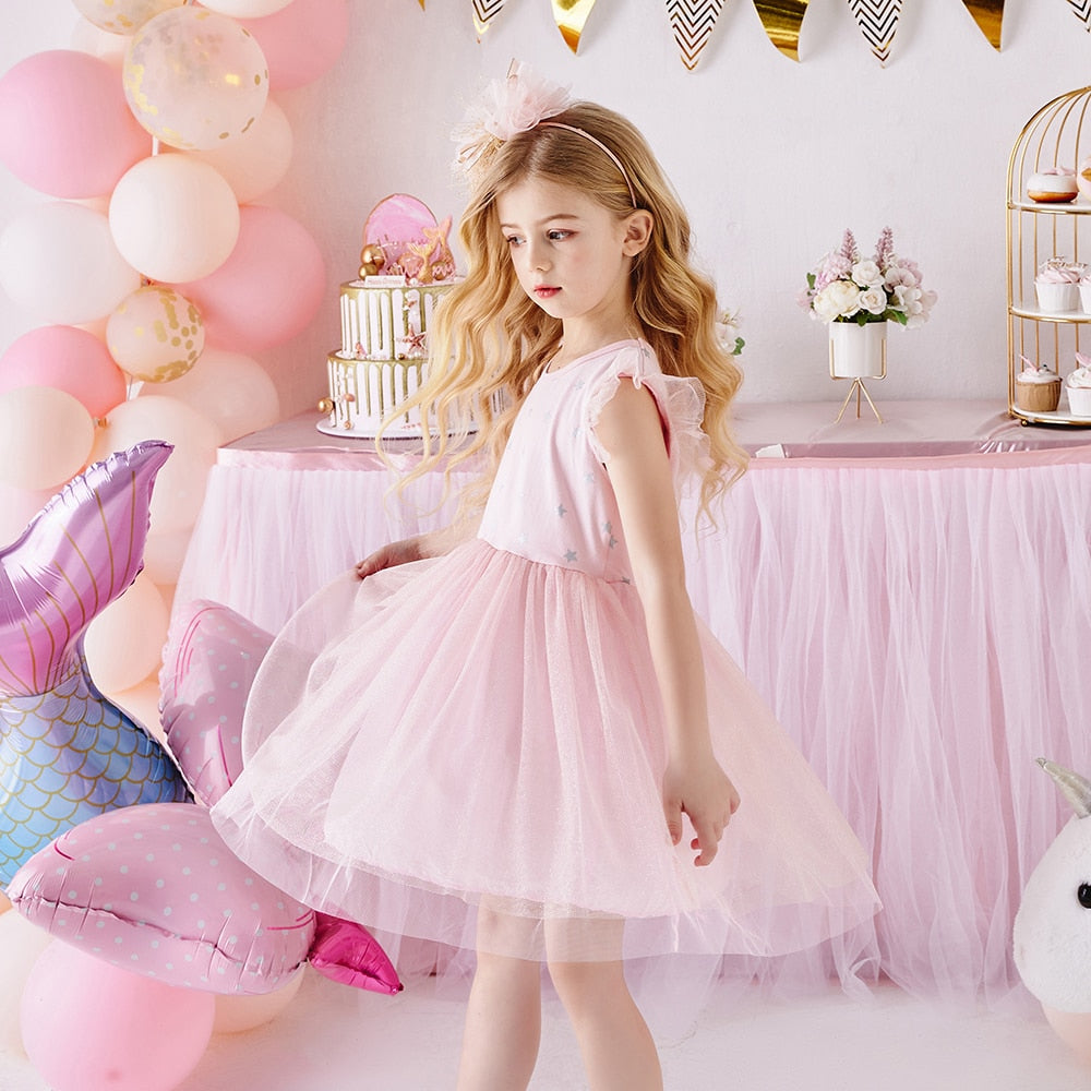 2Y-8Y Girls Summer Dress Star Pattern Pink Tulle Tutu Dress Sleeveless Kids Dress
