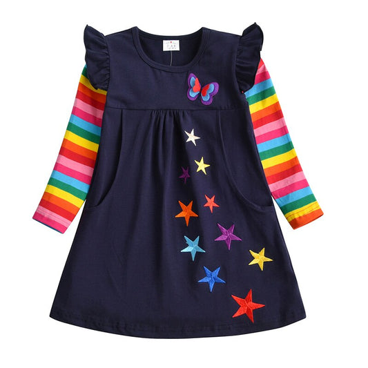 Star Embroidery Rainbow Jumper Dress and Slim  Leggings Sets for Girl Toddler 3-8T